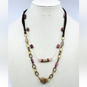 Chicos Necklace Layered Chain Pink Purple Brown Beaded Gold Tone